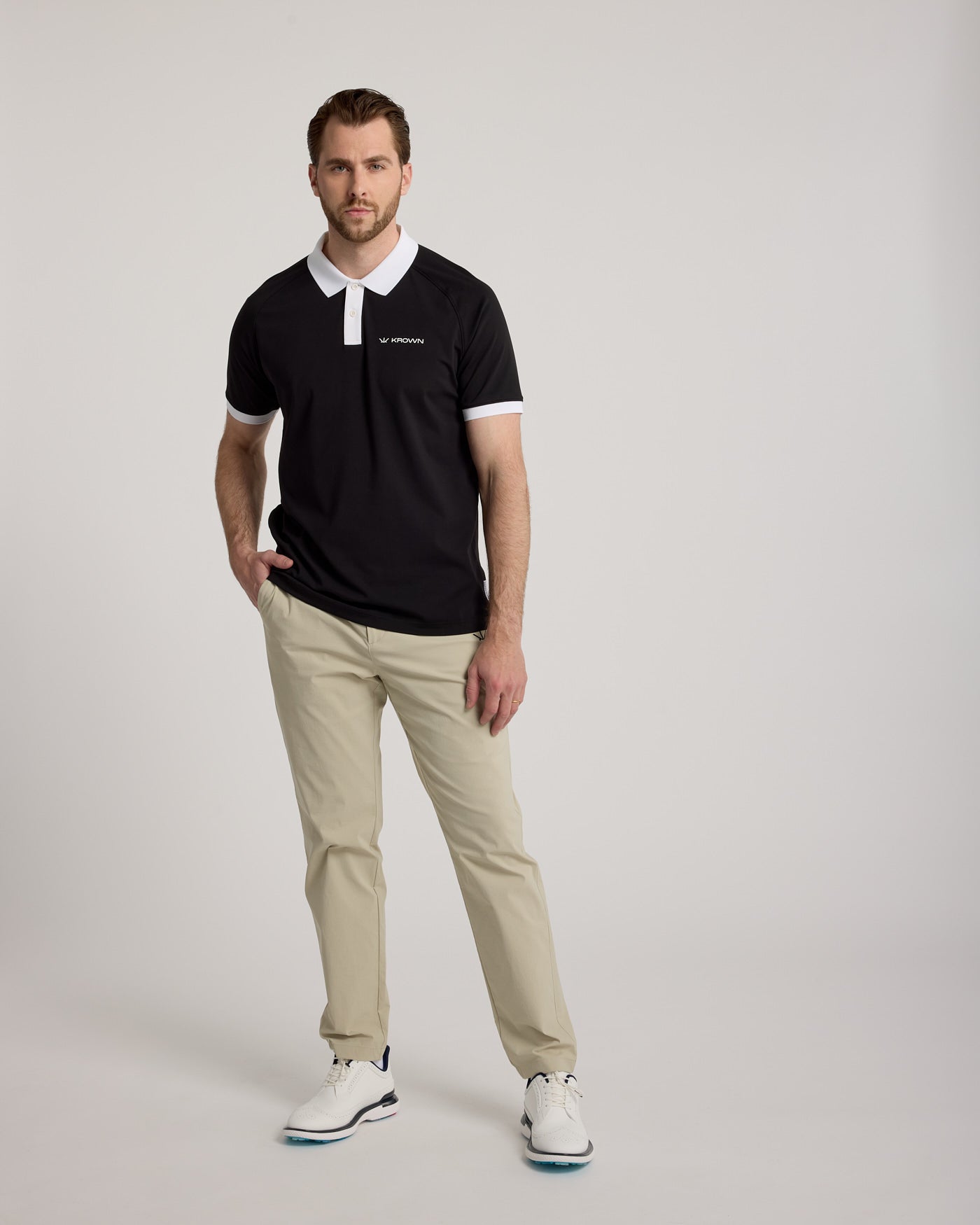 Polo de golf classique homme noir – col 3 boutons, coupe ajustée – Golf Krown collection Fore
